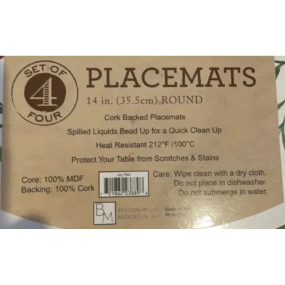 SET OF 4 HARD ROUND PLACEMATS W/CORK BACK(14